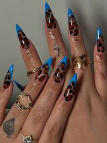 24pcs Vintage Fashion Blue French Leopard Print Almond Shape Press-On False Nails Set, Includes: 1pc Jelly Glue And 1pc Nail File, Hot Girl Style, Suitable For Women's Daily Wear, Street Party, Fashion Nail Supplies - Multicolor - View 1