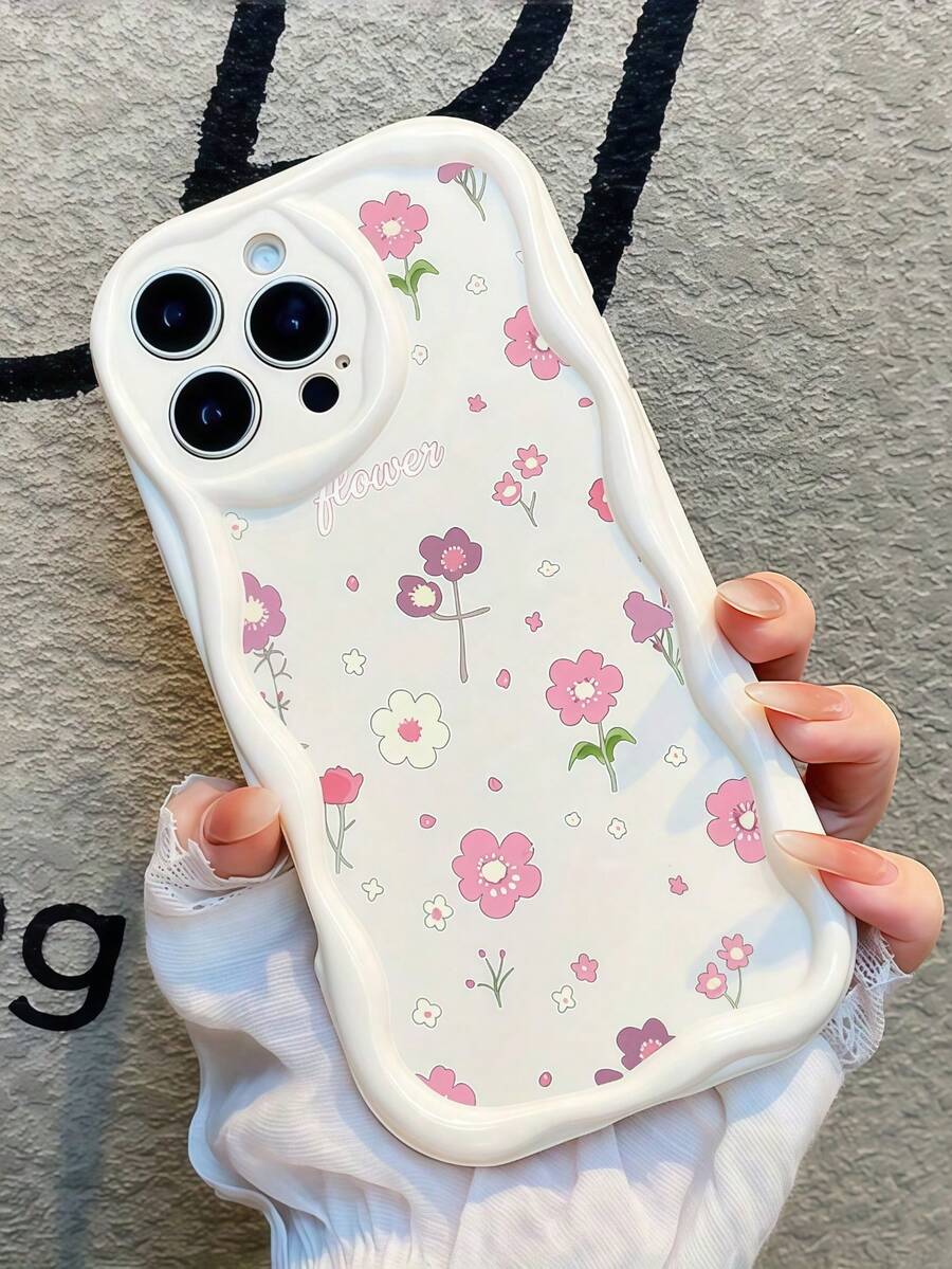 奶油多巴胺波浪荷葉邊軟 TPU 紋理可愛個性化花卉圖案手機殼,適用於 Galaxy S21 S22 S23 S24 S25 S26/Honor 及其他機型 - 白色 - 查看 1