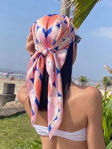 1pc Elegant Women's Heart Pattern Printed 90cm Satin Square Scarf/Headscarf, Women's Bandana Suitable For Casual And Fashionable Street Outings, Applicable For Headscarf, Packaging Decoration, Gifts, Outdoor Travel, Creative Gifts - Blue and Pink - View 5