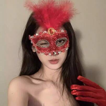 Halloween Costume Red Feather Masquerade Half Face Mysterious Adult Mask Makeup Dance Floor Party Accessory Prop Halloween
