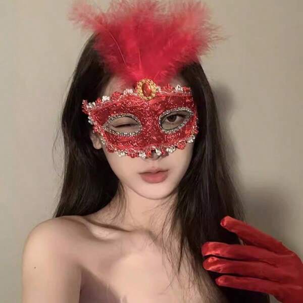Halloween Costume Red Feather Masquerade Half Face Mysterious Adult Mask Makeup Dance Floor Party Accessory Prop Halloween
