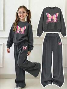 Girls' Cartoon Print Crew Neck Sweatshirt And Loose Long Pants Set - Dark Grey - View 1