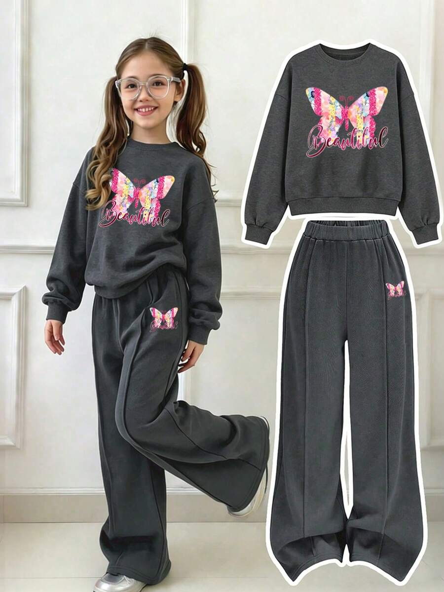 Girls' Cartoon Print Crew Neck Sweatshirt And Loose Long Pants Set - Dark Grey - View 1