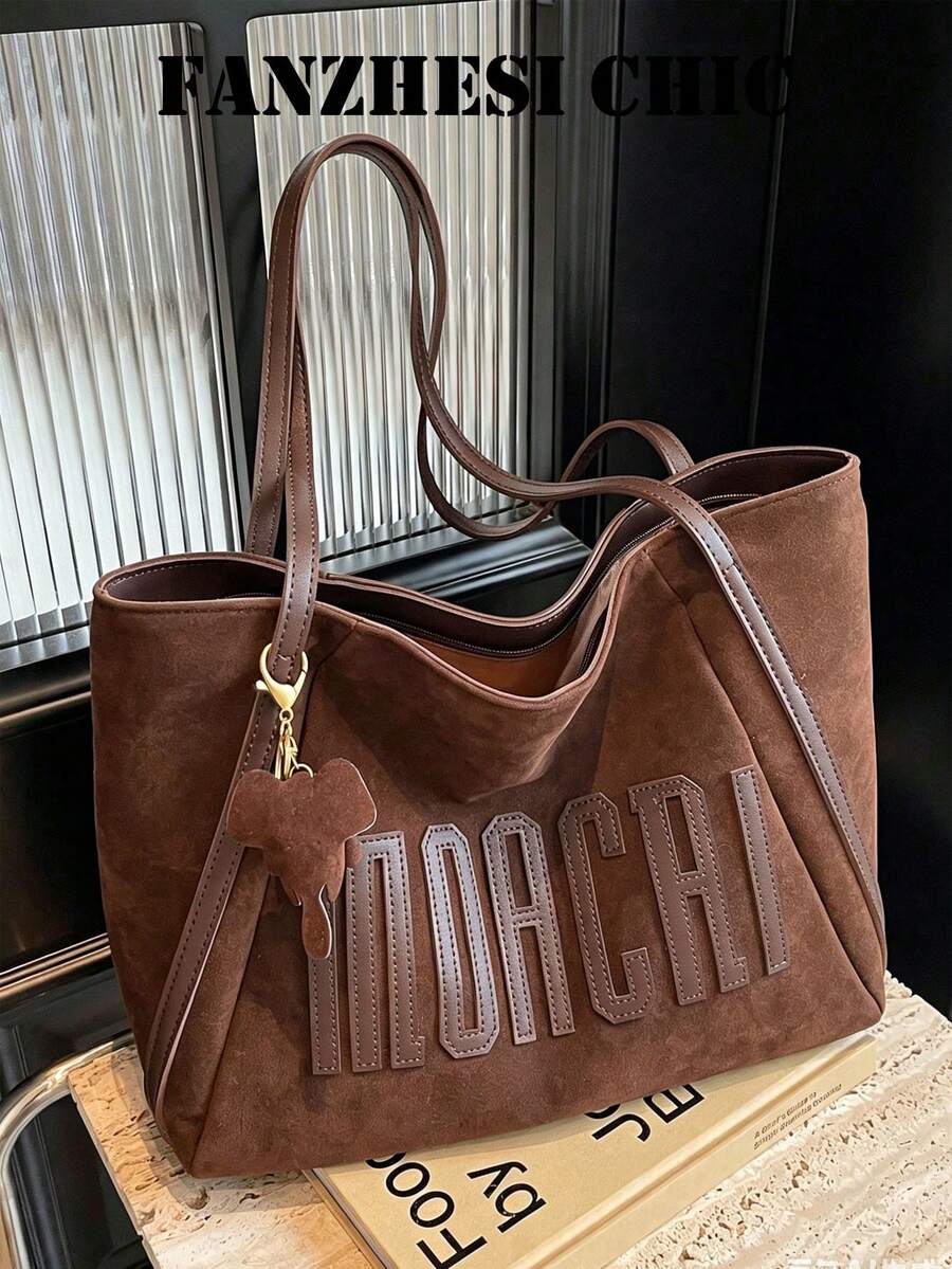 Fashion Solid Shoulder Bag Contrast Leather Letter Applique Detachable Elephant Soft Slouchy Tote Bag For Ladies Daily Workplace Use Large Capacity - Coffee - View 1
