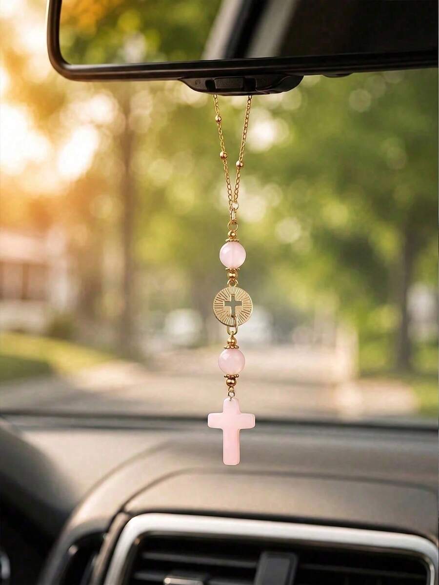 Pink Crystal Cross Car Rearview Mirror Hanging Ornament, Bohemian Handmade Sun Catcher With Gold Chain And Natural Stone Beads, Elegant Spiritual Protection Amulet, Suitable For Various Car Interior Decoration - Cross Pendant - View 1
