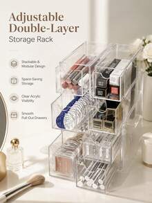 1pc Women's Transparent Stackable Acrylic Makeup Organizer Box With Dust-Proof Multi-Compartment Drawers, Display Storage Box For Makeup Brushes, Lipsticks And Glasses, Minimalist Modern Desktop Organizer For Vanity, Bedroom, Bathroom And Dormitory Dressing Table - Clear - View 10