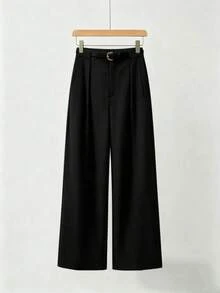 Mid-Waist Solid Color Elegant Straight Leg Pants, Black, Spring Style (Belt Not Included) - Black - View 4
