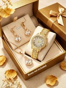 4-Piece Jewelry Set With Luxe Full Rhinestone Quartz Watch, Matching Dainty Earrings And Necklace, Perfect Present For Back-To-School Season - Gold - View 1