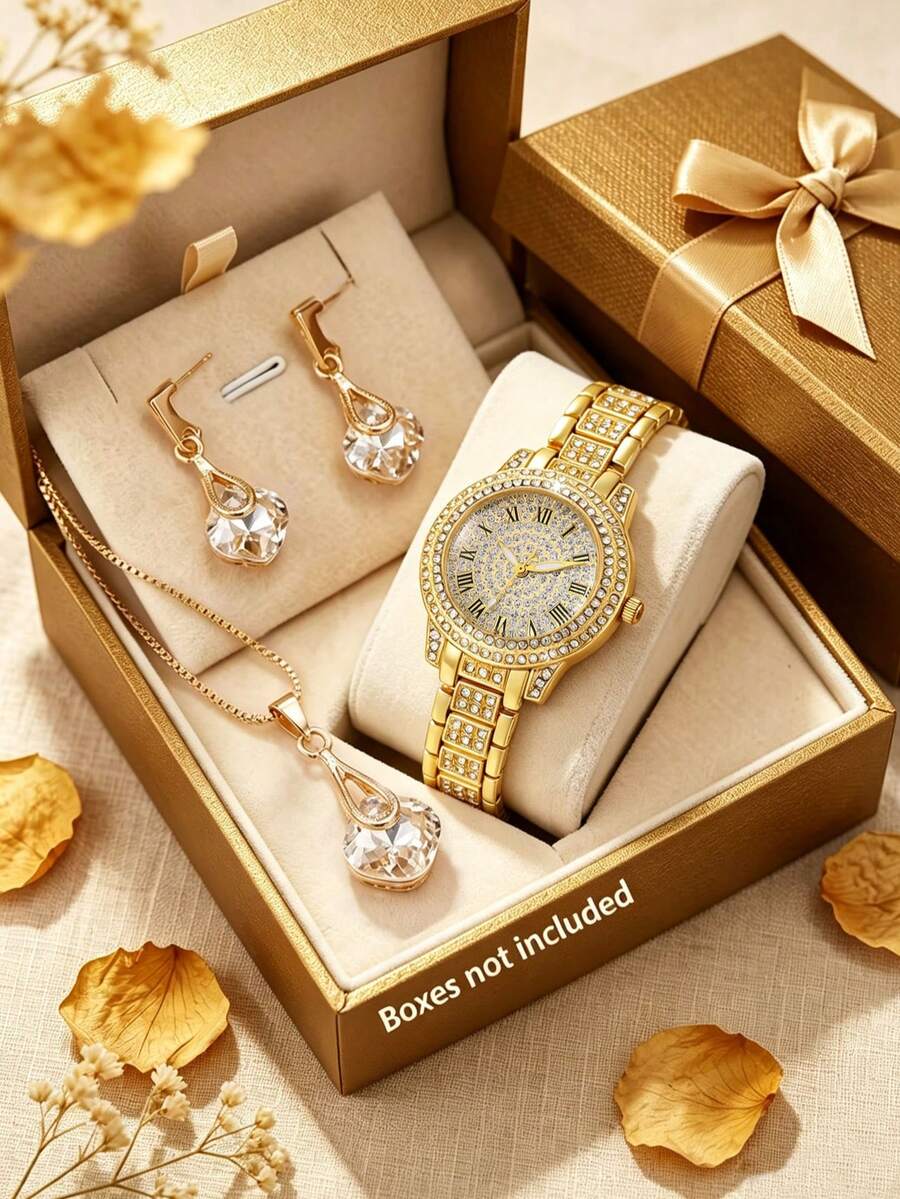 4-Piece Jewelry Set With Luxe Full Rhinestone Quartz Watch, Matching Dainty Earrings And Necklace, Perfect Present For Back-To-School Season - Gold - View 1