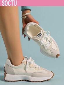 SOCTU Women's Round Toe Fashion Lace-Up Thick Sole Student Style Height-Increasing Casual Comfortable Running Sports Shoes - White - View 1