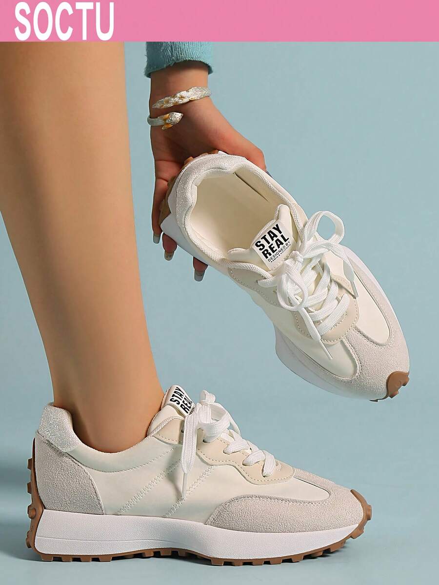 SOCTU Women's Round Toe Fashion Lace-Up Thick Sole Student Style Height-Increasing Casual Comfortable Running Sports Shoes - White - View 1