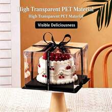 1pc Cake Fresh-Keeping Box, Transparent Lid Black Base With Black Ribbon, Halloween/Christmas Gift Storage Box, Birthday Cake Box Multi-Size Packaging Box, 3-In-1 Handheld Birthday Gift Packaging Box, Ribbon Copy Randomly Shipped, Holiday Party - Black - View 5