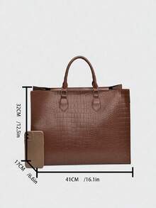 Embossed Large Capacity Tote Bag, PU Leather Top Handle Handbag, Structured Shoulder Bag For Business Commute Daily Office - Coffee Brown - View 9