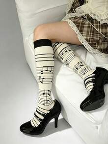 STAR RIVER 1 Pair Y2K Subculture Cream White Fun Musical Note Calf Socks, Lolita Girls Mid-Calf Socks, Back To School - Multicolor - View 2