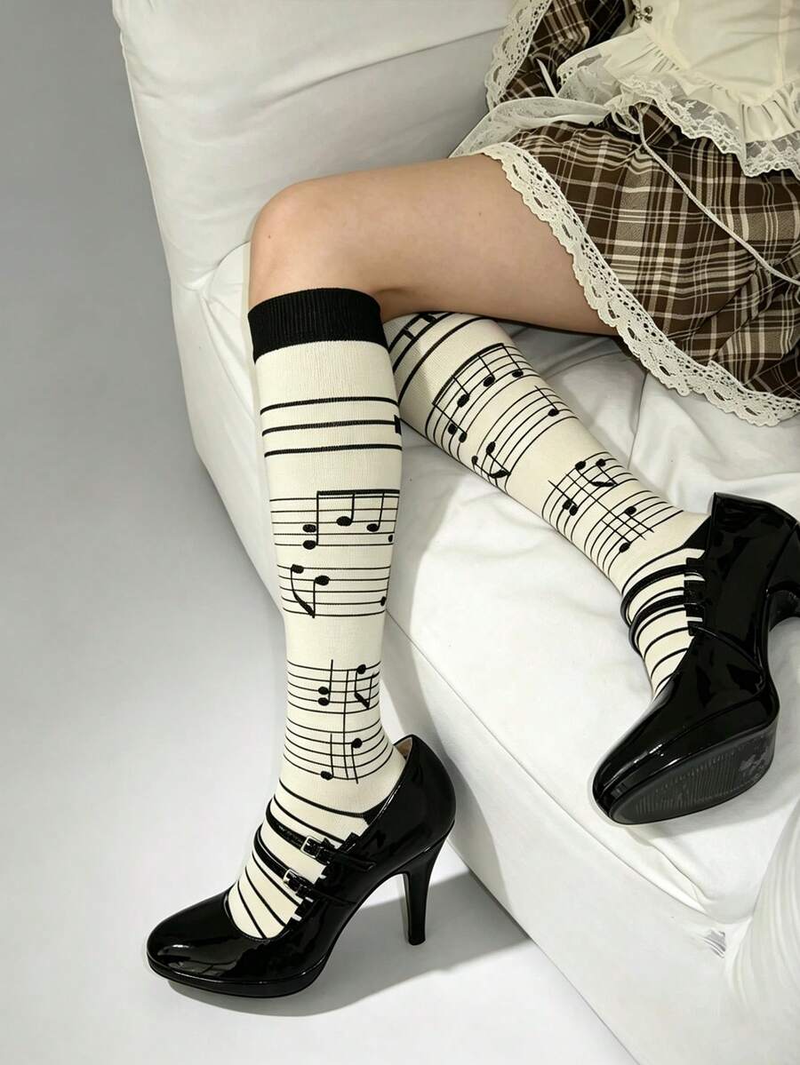 STAR RIVER 1 Pair Y2K Subculture Cream White Fun Musical Note Calf Socks, Lolita Girls Mid-Calf Socks, Back To School