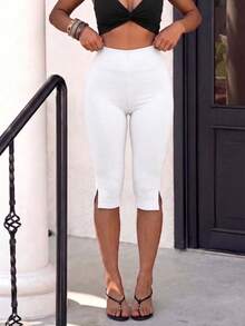 Neue vielseitige einfarbige Bermuda-Shorts mit Schlitzsaum, elastisch und schmal geschnitten - Weiss - Übersicht 2