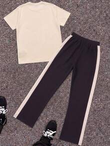 Men's Letter Print Crew Neck Short Sleeve T-Shirt And Long Pants Casual Daily Outfit - Apricot - View 3