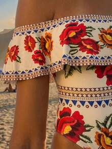 CAJUNI Women's Elegant Vintage Off Shoulder Detachable Strap One Piece Swimsuit+ Printed Mesh Pleated Skirt, Spring/Summer - Multicolor - View 5