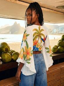 CAJUNI Camisa casual de vacaciones con frente abierto, lazo, mangas acampanadas, puños con volantes y estampado de leopardo - Multicolor - Ver 2