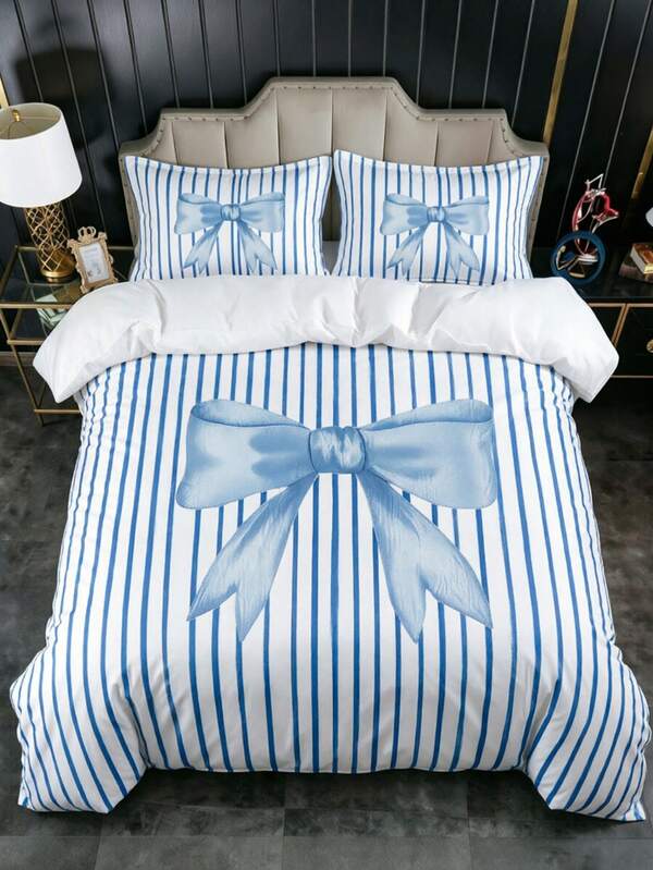 3Pcs Cute Coquette Style Blue Striped Duvet Cover Set ,Pillow Cover Pattern Is Random ,Duvet Cover Set (1 Duvet Cover + 2 Pillowcase Without Pillow Insert), Bedding Set, Soft Warm And Cozy Bedding Set For Bedroom Room Decor Bedroom Decor Home Decor