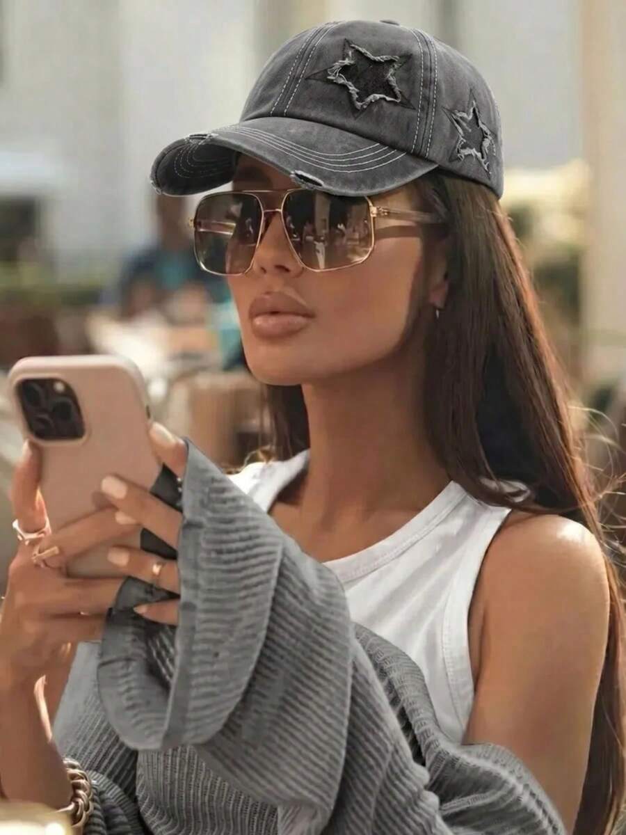 1pc Classic Washed Distressed Baseball Cap With Sequin Star & Ripped Detail, Ponytail Hat, European And American Style Outdoor Hat - A - View 1