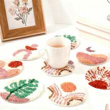 6pcs Adult Beginner Punch Needle Coaster Material Kit | Landscape Pattern Punch Embroidery Set, Includes Yarn, Embroidery Hoop, Needle Threader, Felt Fabric, Tutorial; DIY Coaster Handmade Material, Suitable For Home Decor, Gift Making - One Size Fits All - View 2