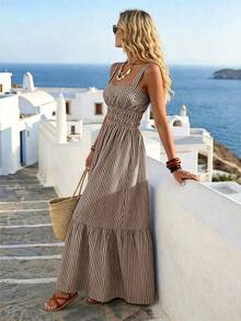 Spring/Summer Women's New Fashion Casual Elegant Square Neck Wide Strap Ruched Waist Slimming Vintage Striped A-Line Maxi Dress Brown - Brown - View 3