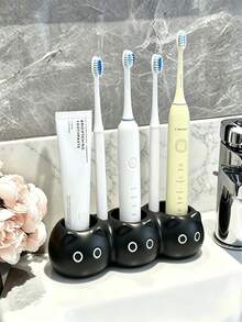 1pc Matte Cute Black Cat Shaped Toothbrush Holder, Single/Triple Hole Bathroom Accessory Rack, Electric Toothbrush & Toothpaste Storage Organizer, Cute Cartoon Cat Vanity Decor, Suitable For Shower Room Sink, Bathroom Toothbrush Holder, Bathroom Accessory Set, Home Decor, Bathroom Decor, Autumn Decor, Back To School Storage - Black - View 6