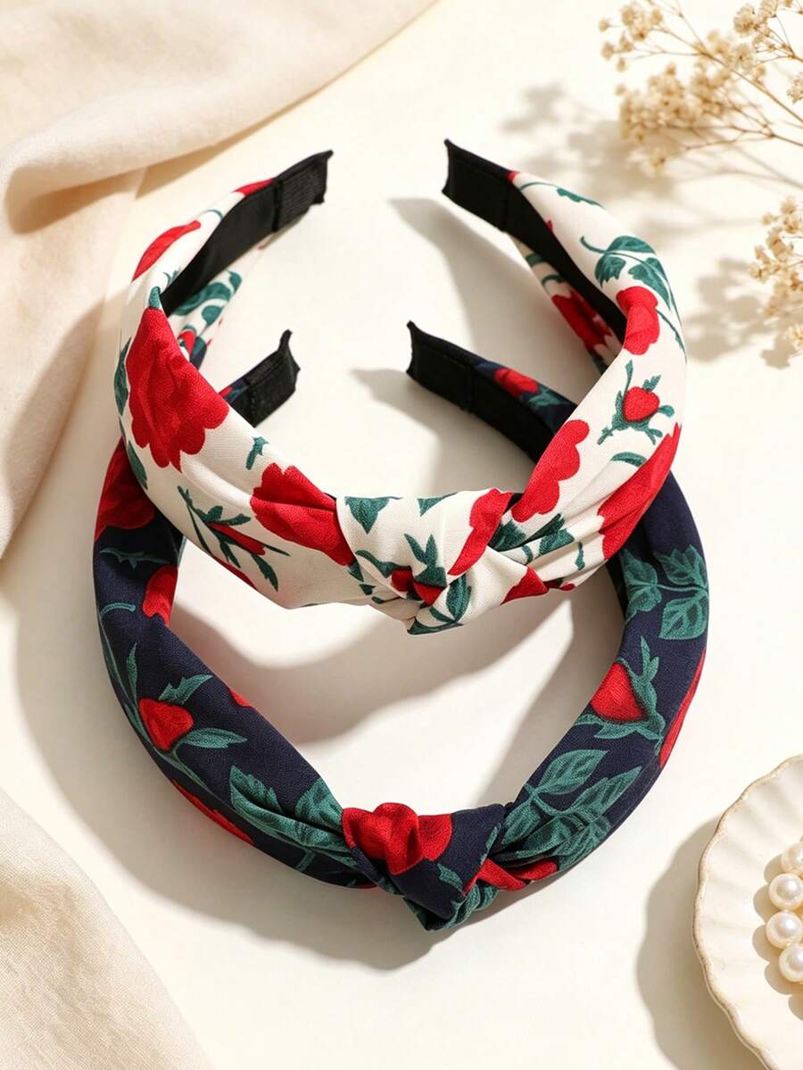 2pcs Vintage Hong Kong Style Rose Twist Headband French Floral Wide Non-Slip Hair Hoop Versatile Face Washing Hair Accessory - Multicolor - View 1