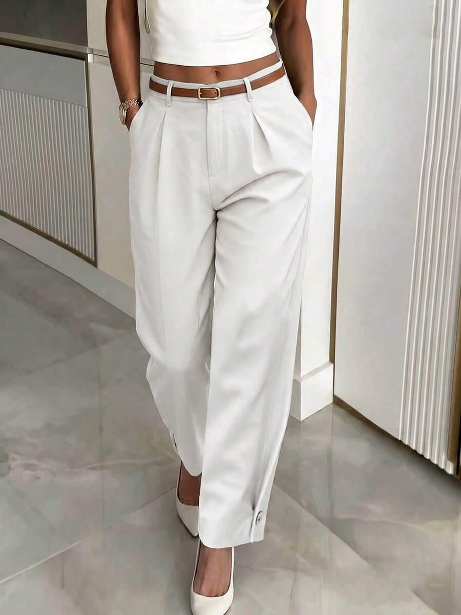Pantalon long décontracté pour femmes LIly House, pantalon court taille haute plissé fuselé beige, élégant décontracté pour l'été, le bureau, les déplacements et les sorties en plein air - Couleur abricot pâle - Voir 1