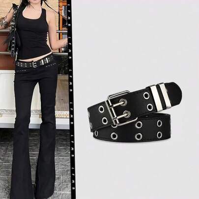 1pc Men's Double-Hole Eyelet Buckle Leather Belt, Punk Style Waist Belt, Unisex Hip-Hop Decorative PU Leather Belt