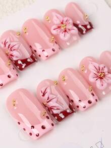 10 Peças Unhas Postiças Quadradas Médias Feitas à Mão, Base Nude com Pontas Francesas em Poá Bordô, Decoração 3D de Flor de Cerejeira e Contas Douradas, Unhas Falsas Românticas Reutilizáveis de Ajuste Fino, Adequadas para Uso Diário, Encontros, Casamento, Festa, Viagem, Presente Popular de Arte de Unhas para Mulheres - Rosa Bebê - Visão 4