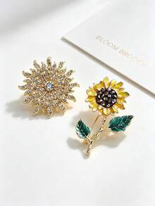Full Rhinestone Radiating Sunflower Brooch + Oil-Drip Stem Sunflower Pair Pins, Warm Gold Vintage Suit Coat Collar Anti-Exposure Accessory - Multicolor - View 5