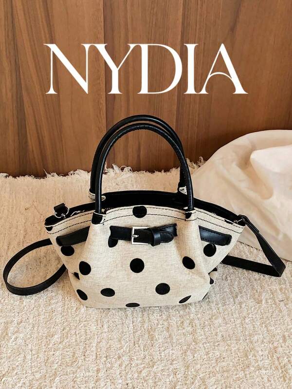 1PC Light Gray With Black Polka Dot Mini Tote Bag, Black Leather Short Handle + Adjustable Wide Crossbody Strap, Front Leather Belt Square Buckle Decoration, Pleated Soft Bag Style, Korean Casual Commute Versatile Small Bag Polka Dot Mini Tote Bag Black Leather Trim Dual Use Handbag Crossbody Korean Casual Daily Purse