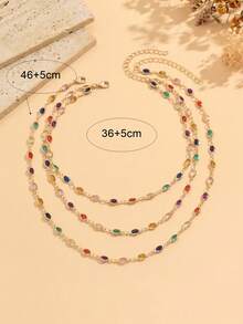2pcs Elegant Fashion Versatile Oval Colorful Trim Chain Layered Multi-Layer Necklace Set Suitable For Women's Daily Commute, Banquet, Party Wear (Oval Bead Color Quantity Random) - Colorful - View 3
