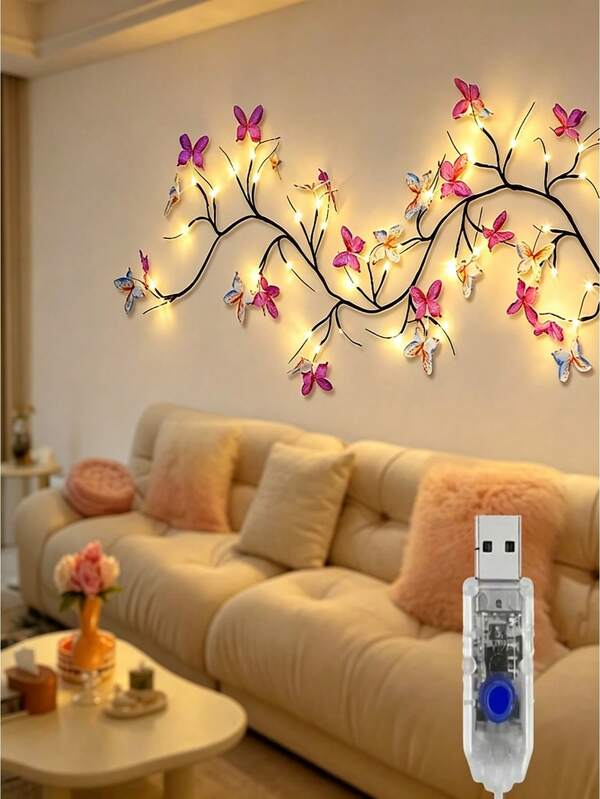 1pc LED Butterfly Branch String Lights With USB Power, Wall Lamp Decorative Lighting, 8 Lighting Modes, Suitable For Wall Decoration, Bedroom, Wedding, Birthday, Holiday, Party, Valentine's Day And Christmas Occasions, Romantic Tree-Shaped Design Dreamy Lighting