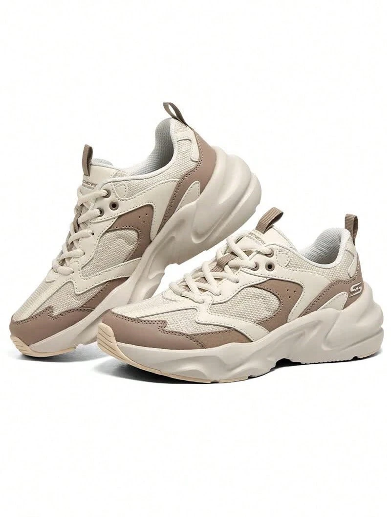Skechers Women's Platform Casual Retro Dad Shoes Breathable Honeycomb Mesh Lightweight Non-Slip Sole Sneakers - White/Khaki - View 1