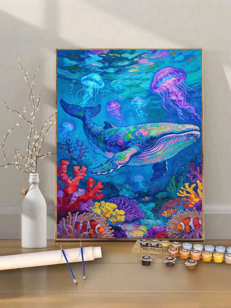 Colorful Whale Jellyfish Coral Reef DIY Oil Painting By Numbers Canvas Handcraft Adult Home Decoration 8x12/16x20inch Holiday Gifts Frameless Ocean Marine Life Artwork - Sets - View 1