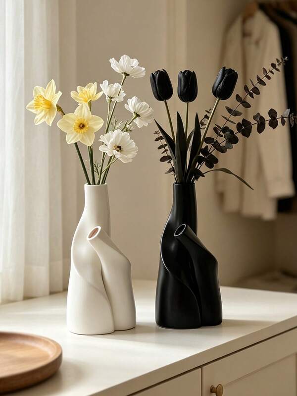1Pc Modern Abstract Resin Vase Set - Matte Black & White Twisted Double-Mouth Irregular Vase For Living Room & Desk, Minimalist Home Decor | Home Decor, Room Decor, Vintage Decor, Boho Decor, Desk Decor, Unique Gift, Table Centerpiece
