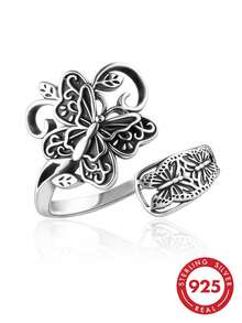1pc 925 Sterling Silver Women's Ring, Hypoallergenic, Adjustable Vintage Butterfly Thumb Ring, Lucky Ring, Mother's Love Ring, Vintage Style, Suitable - Antique Silver - View 10