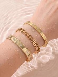 1/3pcs Women's Bracelet Set, Elegant & Exquisite, Non-Fading, Classic Floral Rhinestone Design, Stackable, Hypoallergenic, Gold-Tone Accessory Set, Suitable For Holiday Gifts, Female Friends, Parties - Gold - View 1