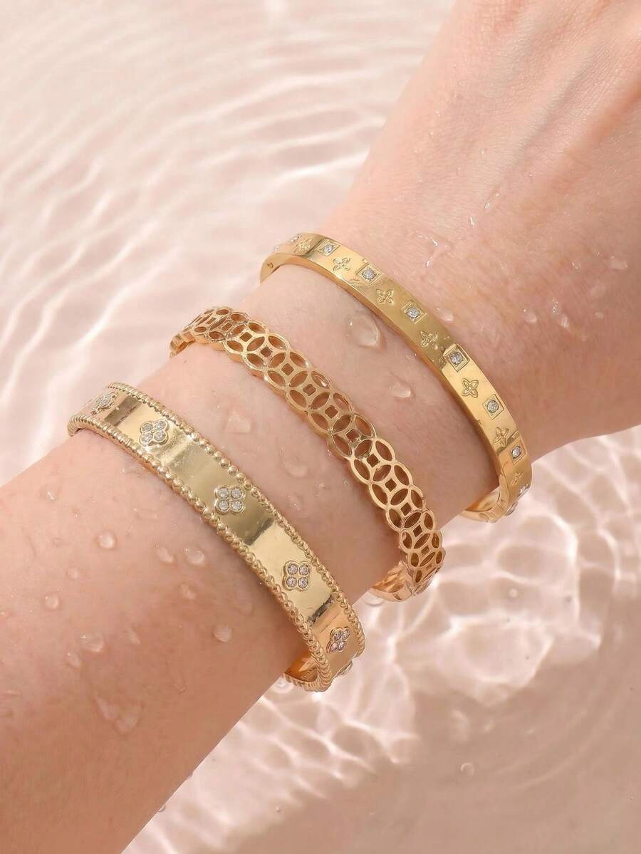 1/3pcs Women's Bracelet Set, Elegant & Exquisite, Non-Fading, Classic Floral Rhinestone Design, Stackable, Hypoallergenic, Gold-Tone Accessory Set, Suitable For Holiday Gifts, Female Friends, Parties - Gold - View 1