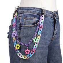 1pc Versatile Candy Color Five-Pointed Star Pendant Double-Layer Pants Chain Colorful Acrylic Pants Chain, Men And Women Couples Waist Accessories - 藍色愛心褲鏈 - 查看 3
