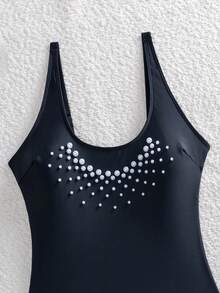 Novo Maiô Feminino de Cor Sólida Casual Elegante em Tecido de Malha com Amarração e Contas, Adequado para Praia & Resort, Preto, Férias de Verão - Preto - Visão 9