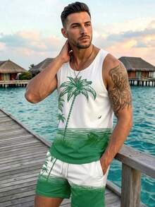 Ensemble débardeur et short décontracté à imprimé palmiers pour hommes, style vacances pour hommes - Multicolore - Voir 1