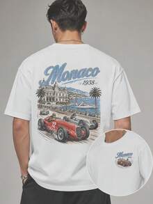 Camiseta de manga corta para hombre, estampado con diseño de la ciudad costera de Mónaco Racing, estilo retro de carreras, ideal para vacaciones, corte holgado, cuello redondo, top casual, p - Blanco - Ver 1