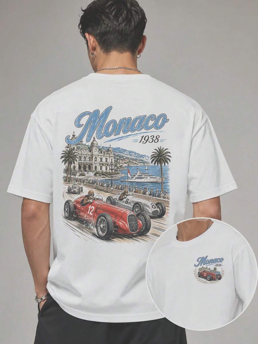 Camiseta de manga corta para hombre, estampado con diseño de la ciudad costera de Mónaco Racing, estilo retro de carreras, ideal para vacaciones, corte holgado, cuello redondo, top casual, p - Blanco - Ver 1