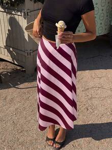 Women's Early Autumn Daily Vacation Casual Commute Elegant Pink Striped Print Midi Skirt - Pink - View 1
