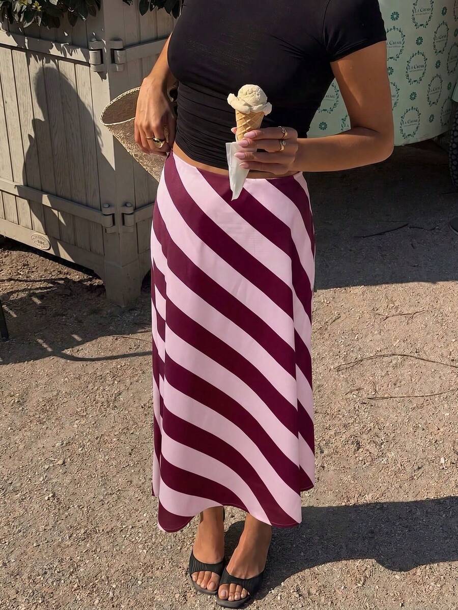 Women's Early Autumn Daily Vacation Casual Commute Elegant Pink Striped Print Midi Skirt - Pink - View 1