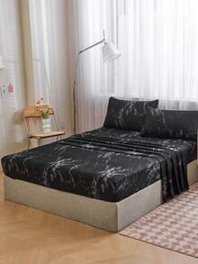 4件組黑色大理石紋床寢套件，1件床墊包單 + 1件平鋪床單 + 2件枕套，床墊保護套組（不含枕芯），適用King/Queen/Full/Twin尺寸，深口袋床墊包單最高可適配11.8英吋 - 黑色 - 查看 8